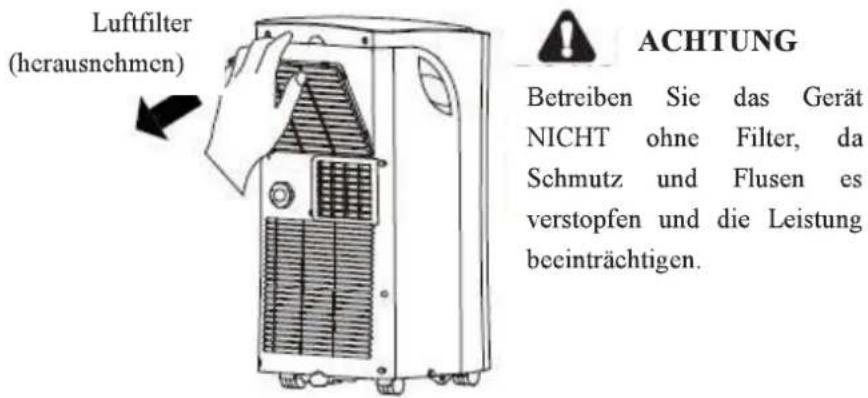 Luftfilter (herausnehmen) ACHTUNG Betreiben Sie das Gerät NICHT ohne Filter, da Schmutz und Flusen es verstopfen und die Leistung beeinträchtigen.