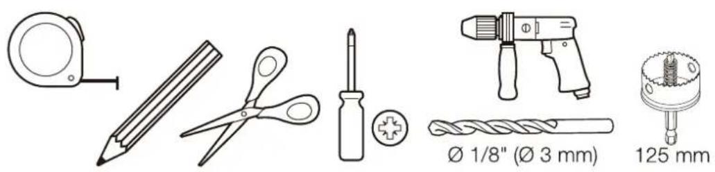Technical diagram showing various tools and components with labels including tape measure, screwdriver, drill, and screwdriver.