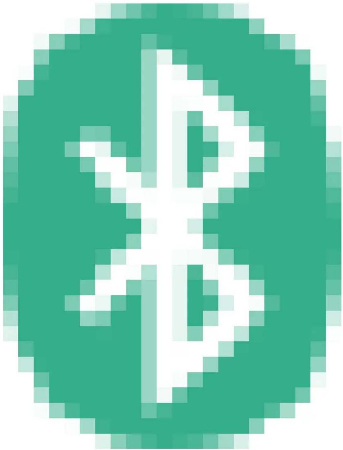 Pixelated green circular background with a white abstract symbol in the center (no text or symbols)