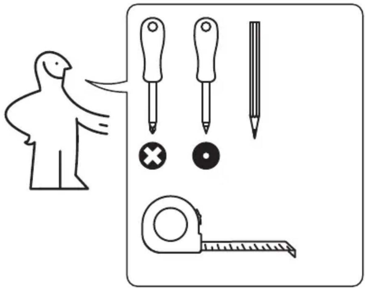 Diagramme illustrant une configuration d'outils avec une personne, un tournevis et un mètre ruban, accompagné d'un symbole de croix et d'un cercle.