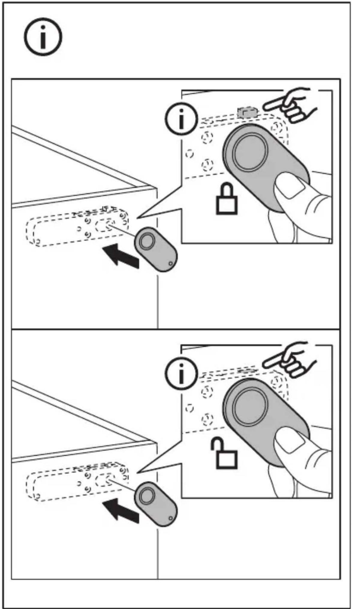 Schéma illustrant le fonctionnement de la serrure en deux étapes avec étapes étiquetées et flèches directionnelles, montrant le positionnement de la main et le mécanisme de la serrure.