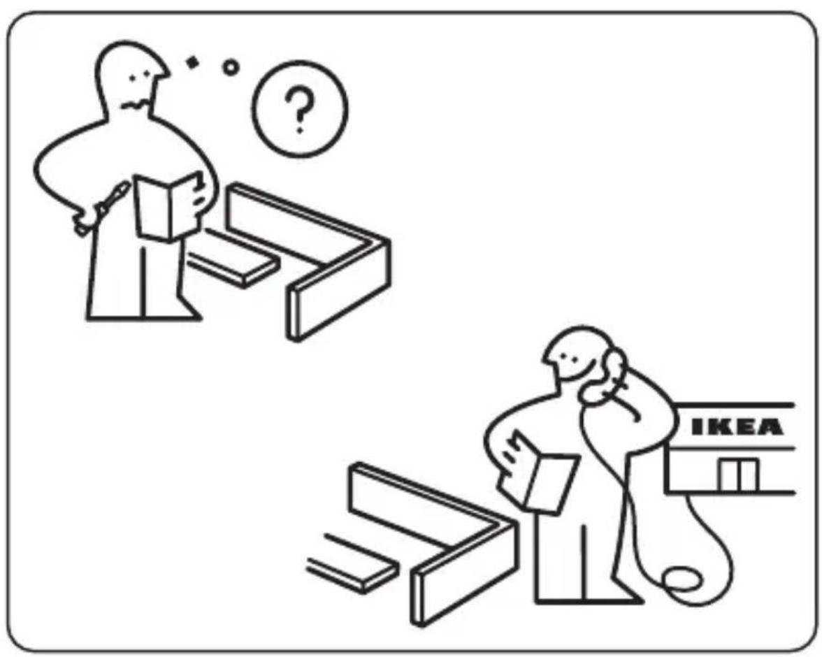 Illustration montrant deux scènes : l'une avec une personne qui réfléchit et l'autre avec une personne regardant un magasin IKEA, toutes deux représentant des activités de bureau ou de commerce.