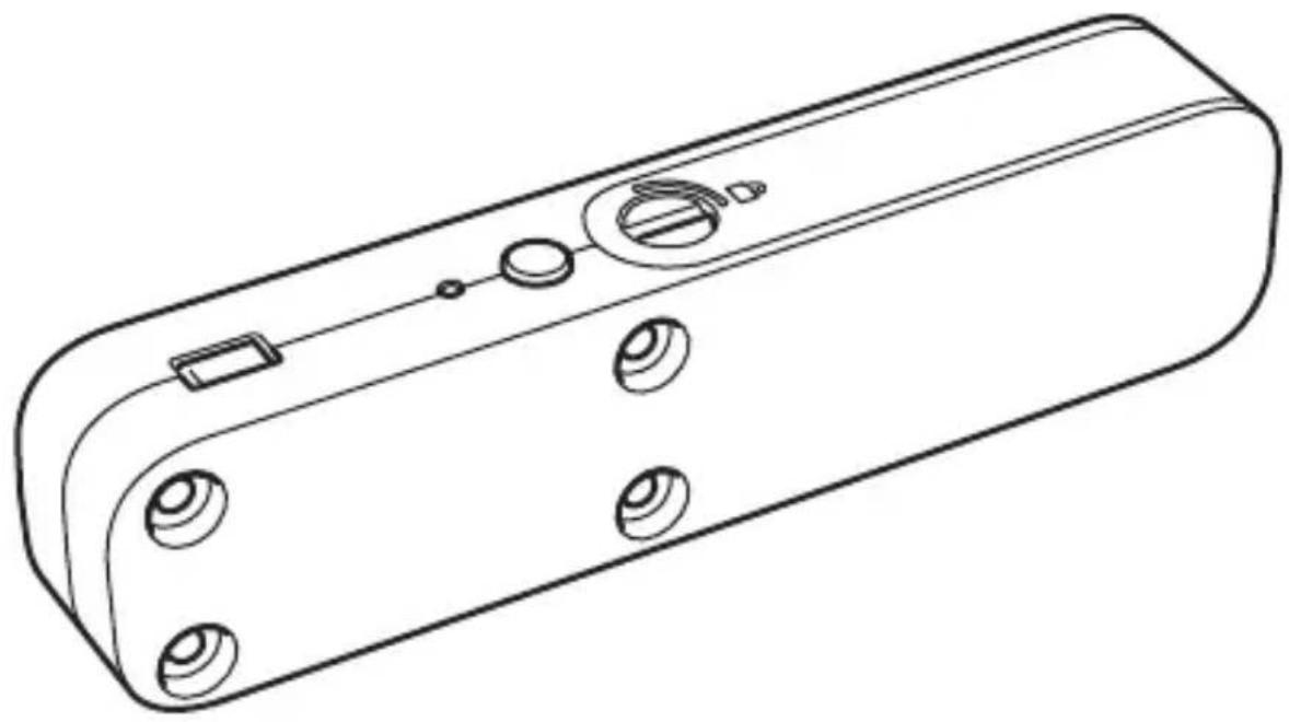 Dessin au trait d'un boîtier de dispositif électronique rectangulaire avec plusieurs ports circulaires et une poignée (sans texte ni symboles)