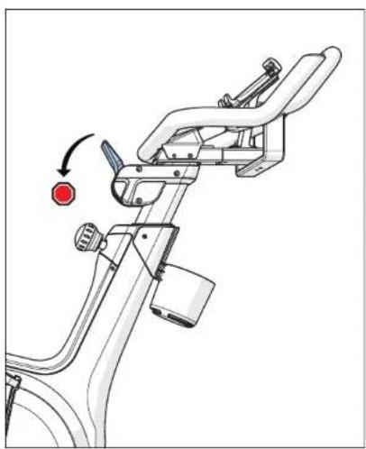 Technical line drawing of a stationary bike with a red circular indicator on the side (no text or symbols)