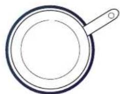 Simple line drawing of a frying pan with a handle (no text or symbols)