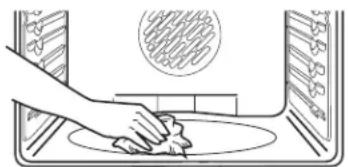 Illustration of a hand cleaning a circular object on a surface inside an oven (no text or symbols)
