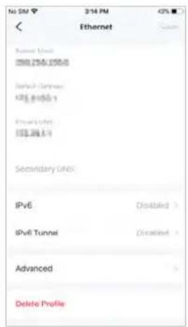 No SIM 3:14 PM 40% < Ethernet Sapi Rishest Internet IPB.1754.1956.8 Default Compress 128.8-0.0-0.1 Primary Internet 155.28.1.1 Secondary Internet IPv6 Disabled > IPv6 Tunnel Disabled > Advanced Delete Profile