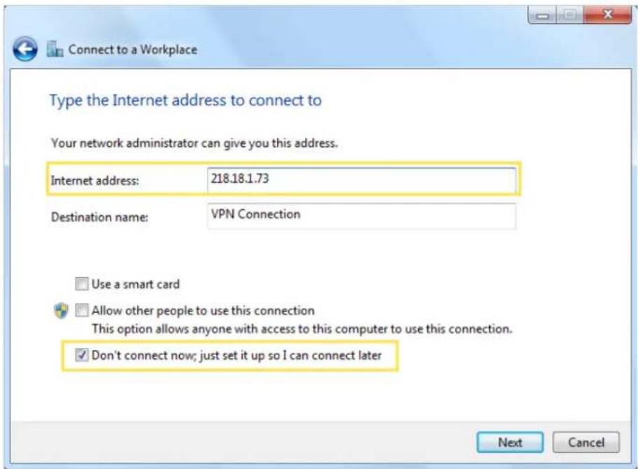 Connect to a Workplace. Type the Internet address to connect to. Your network administrator can give you this address. Internet address: 218.18.1.73. Destination name: VPN Connection. Use a smart card. Allow other people to use this connection. This option allows anyone with access to this computer…