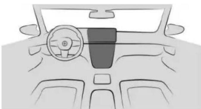 Front view line drawing of a car dashboard and steering wheel (no text or symbols)