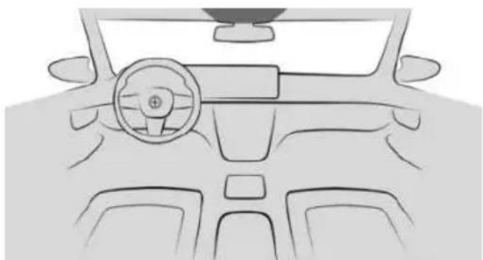 Front view line drawing of a car dashboard and steering wheel (no text or symbols)