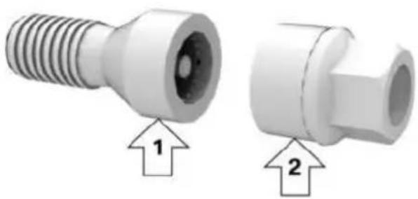 Two 3D mechanical connectors with threaded ends, labeled 1 and 2 (no text or symbols on the parts themselves)