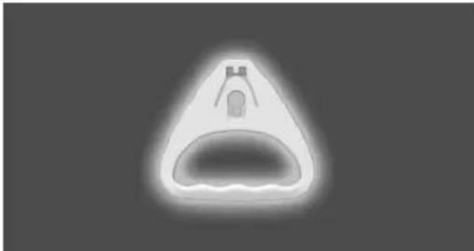 Simple grayscale illustration of a triangular shape with a central cavity and a small protrusion, resembling a stylized lamp or container (no text or symbols)