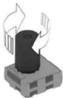 Illustration of a black cylindrical object with directional arrows indicating rotation or movement (no text or symbols)