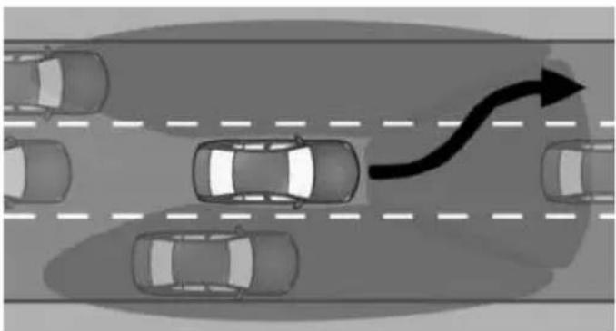 Top-down view of a multi-lane road with cars and a curved arrow indicating direction (no text or symbols)