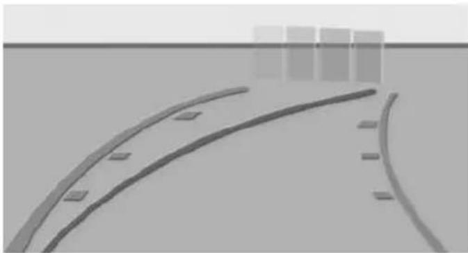 Abstract grayscale illustration of curved road surfaces with rectangular markers, no text or symbols present