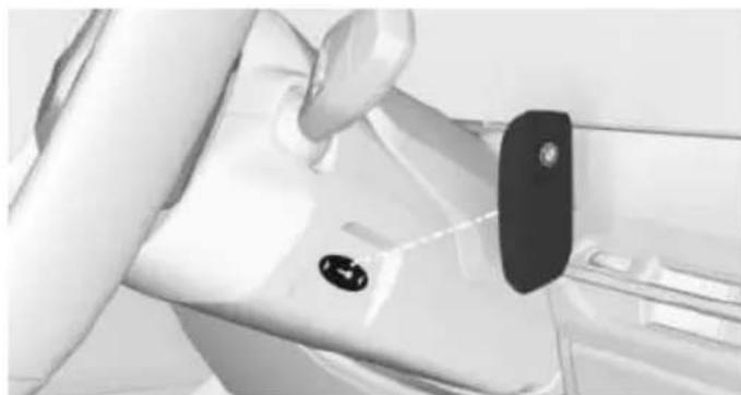 Close-up of a car interior showing a hand interacting with a black electronic device (no visible text or symbols)