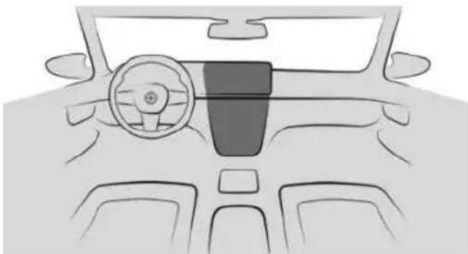 Front view line drawing of a car dashboard and steering wheel (no text or symbols)