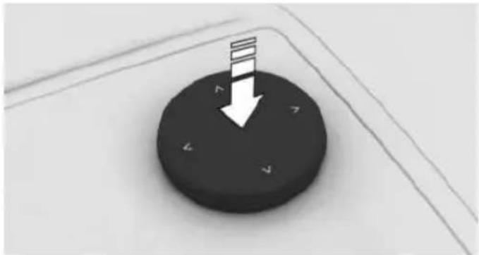 Black circular button with white arrow pointing downward and a striped stripe above it, no text or symbols present.