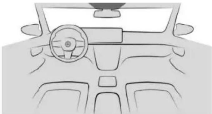 Front view line drawing of a car dashboard and steering wheel (no text or symbols)