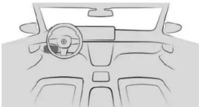 Front view line drawing of a car dashboard and steering wheel (no text or symbols)