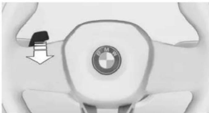 Top-down view of a BMW car steering wheel with a circular logo and arrow indicator (no text or symbols)