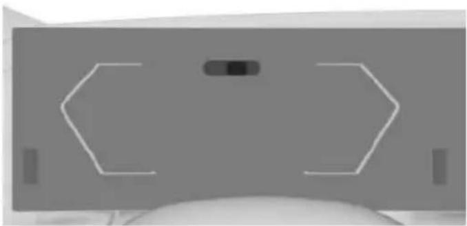 Top-down view of a computer monitor with blank screen and control buttons (no text or symbols)