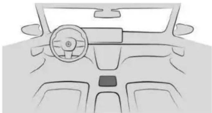 Front view line drawing of a car dashboard and steering wheel (no text or symbols)
