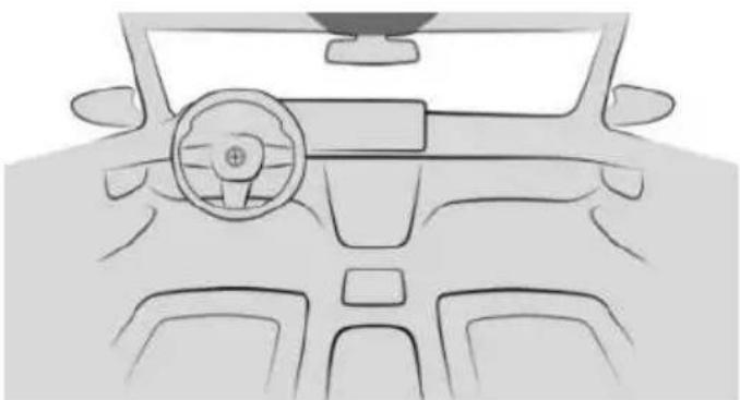 Front view line drawing of a car dashboard and steering wheel (no text or symbols)