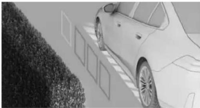 Side view of a car parked on a paved surface with hedges and windows (no visible text or symbols)