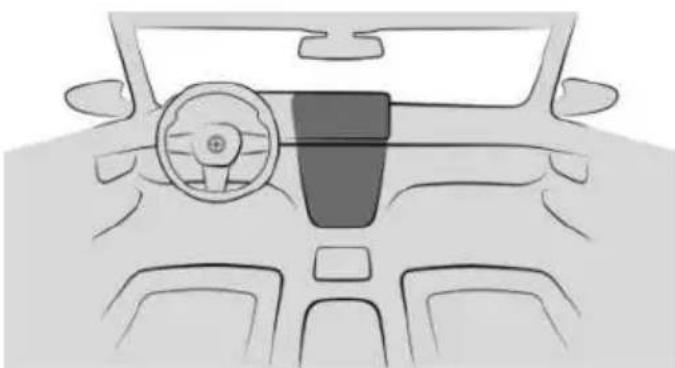 Front view line drawing of a car dashboard and steering wheel (no text or symbols)