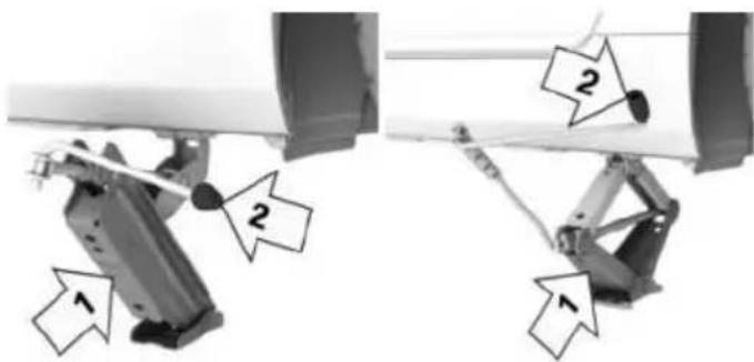 Diagram showing mechanical assembly with labeled parts, including numbered annotations 1 and 2
