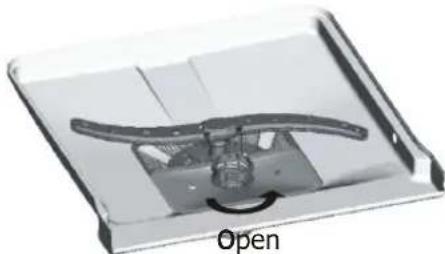 Close-up of a transparent plastic tray with a curved handle and a circular arrow labeled 'Open' (no other text or symbols visible)