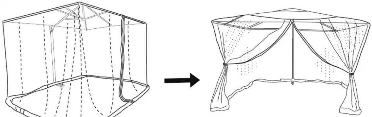 Diagram showing structural deformation of a tent structure before and after, with no text or symbols present.