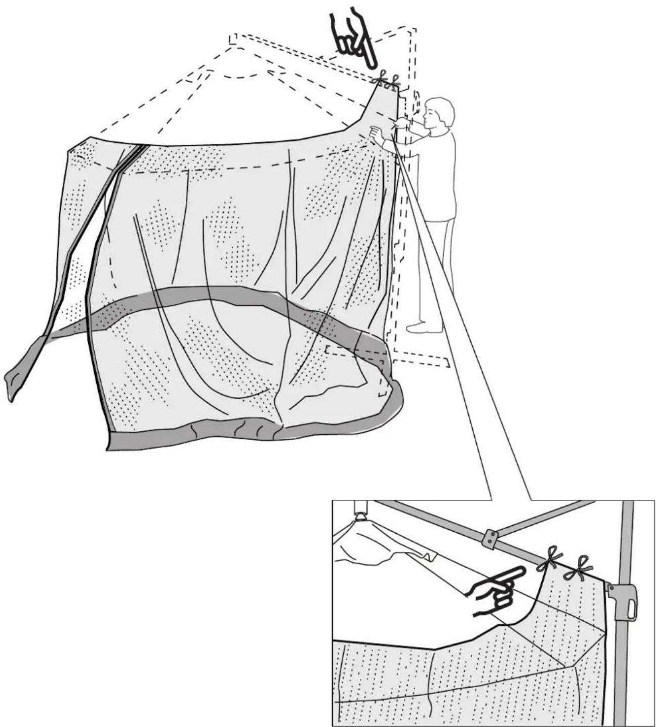 Diagram illustrating a person installing or adjusting a tent structure with a close-up inset showing the same setup.