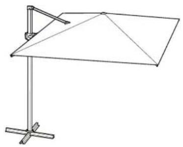 Simple line drawing of a simple outdoor umbrella or stand with a triangular canopy and support structure (no text or symbols)