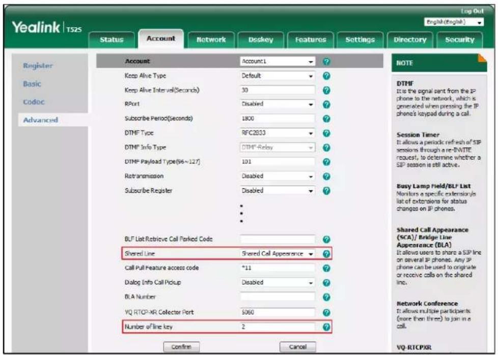 Yealink T525 Log Out English (English) Status Account Network Deskey Features Settings Directory Security Register Basic Codoc Advanced Account Account1 ? Keep Alive Type Default ? Keep Alive Interval(Seconds) 30 ? RPort Disabled ? Subscribe Period(Seconds) 1800 ? DTMF Type RFC2833 ? DTMF Info Type…