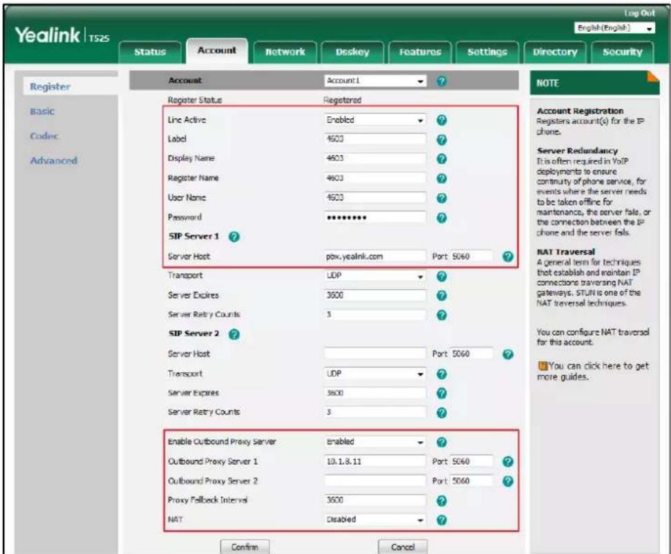 Yealink T525 Log Out English(English) Status Account Network Deskley Features Settings Directory Security Register Account Account 1 ? Basic Account Basic Codec Registered Advanced Account Account Status Registered Line Active Enabled ? Label 4603 ? Display Name 4603 ? Register Name 4603 ? User Name…