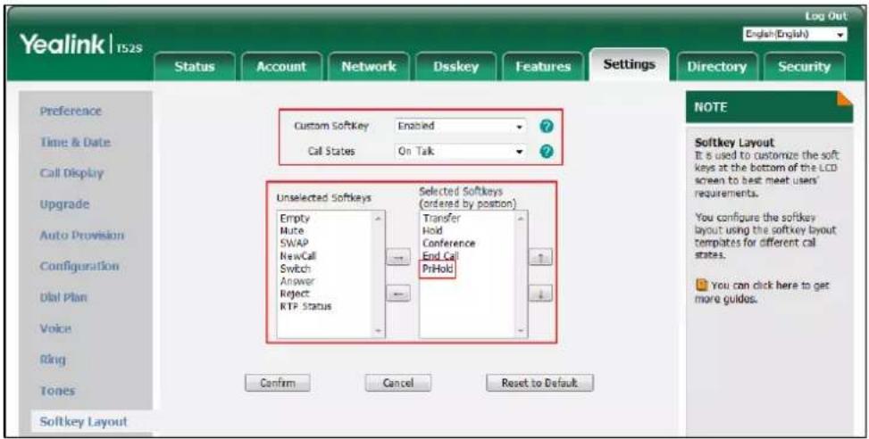 Yealink | TS2S Log Out English(English) Status Account Network Dsskey Features Settings Directory Security Preference Time & Date Call Display Upgrade Auto Provision Configuration Ubl Plan Voice Ring Tones Softkey Layout Custom SoftKey Enblind Call States On Talk Unselected Softkeys Selected Softkey…