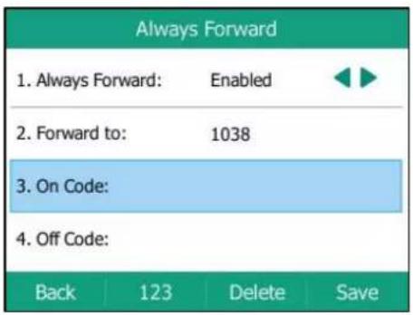 Always Forward 1. Always Forward: Enabled 2. Forward to: 1038 3. On Code: 4. Off Code: Back 123 Delete Save