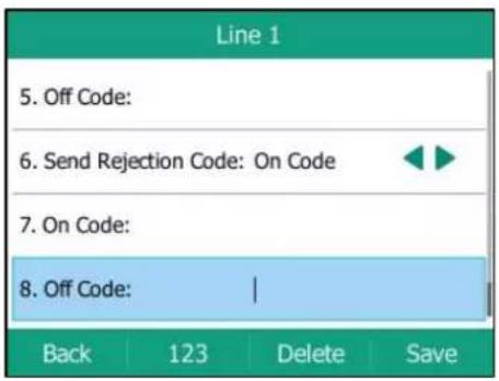 Line 1 5. Off Code: 6. Send Rejection Code: On Code 7. On Code: 8. Off Code: | Back 123 Delete Save