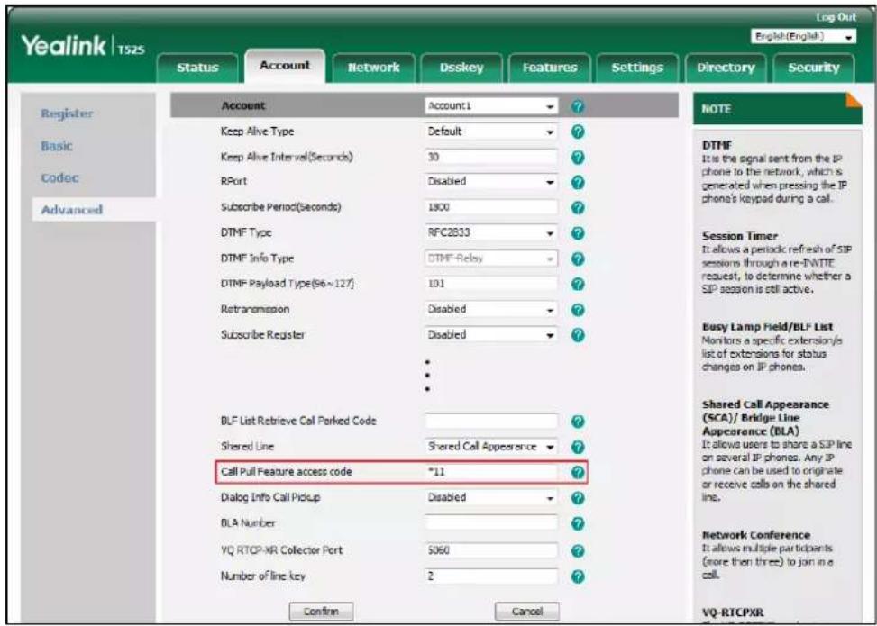 Yealink T52S Log Out English(English) Status Account Network Dsskey Features Settings Directory Security Register Basic Codec Advanced Account Account1 ? + - Keep Alive Type Default 30 RPort Disabled Subscribe Period(Seconds) 1800 DTMF Type RFC2833 DTMF Info Type DTMF-Relay DTMF Payload Type(96~127)…