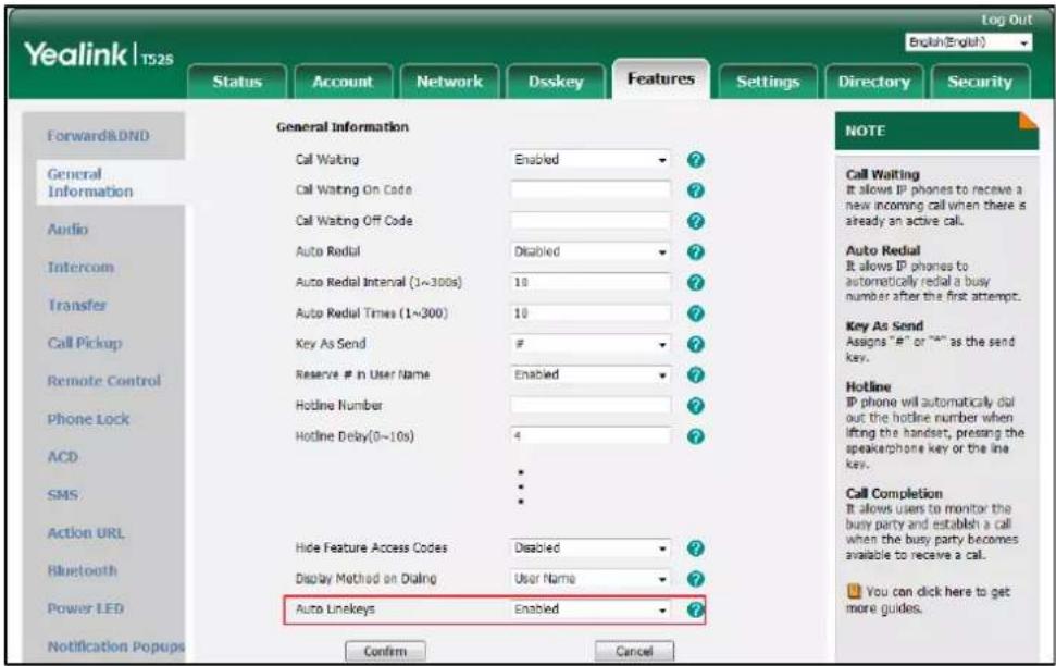 Yealink | T52S Log Out English(English) Forward&DND General Information Call Waiting Enabled ? General Information Call Waiting On Code ? Audio Call Waiting Off Code ? Intercom Auto Redial Disabled Transfer Auto Redial Interval (1~300s) 10 Key As Send # Reserve # in User Name Enabled Phone Lock Hotl…