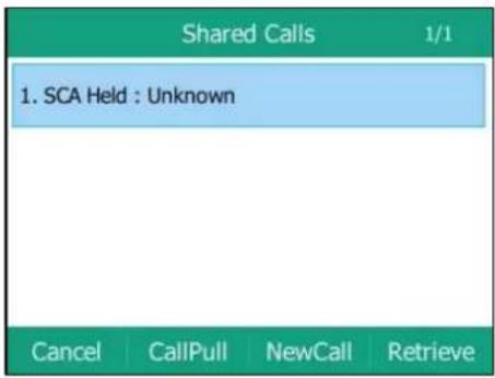 Shared Calls 1/1 1. SCA Held : Unknown Cancel CallPull NewCall Retrieve