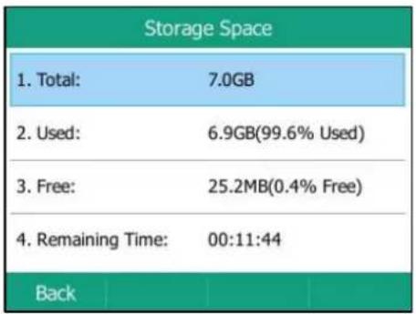 Storage Space 1. Total: 7.0GB 2. Used: 6.9GB(99.6% Used) 3. Free: 25.2MB(0.4% Free) 4. Remaining Time: 00:11:44 Back