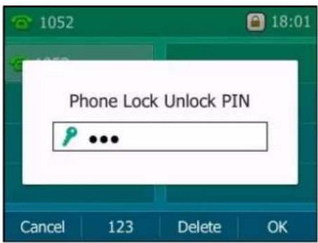 1052 18:01 Phone Lock Unlock PIN Cancel 123 Delete OK