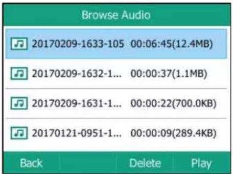 Browse Audio 20170209-1633-105 00:06:45(12.4MB) 20170209-1632-1... 00:00:37(1.1MB) 20170209-1631-1... 00:00:22(700.0KB) 20170121-0951-1... 00:00:09(289.4KB) Back Delete Play