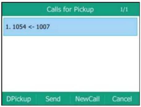 Calls for Pickup 1/1 1. 1054 <- 1007 DPickup Send NewCall Cancel