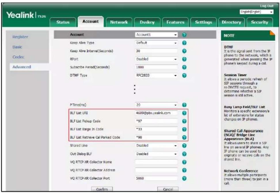 Yealink TS2s Log Out English(Englak) Status Account Network Dsskey Features Settings Directory Security Register Basic Codes Advanced Account Account1 ? Keep Alive Type Default ? Keep Alive Interval(Seconds) 30 ? RPort Disabled ? Subscribe Period(Seconds) 1800 ? DTMF Type RFC2833 ? P Time(ms) 20 ? B…
