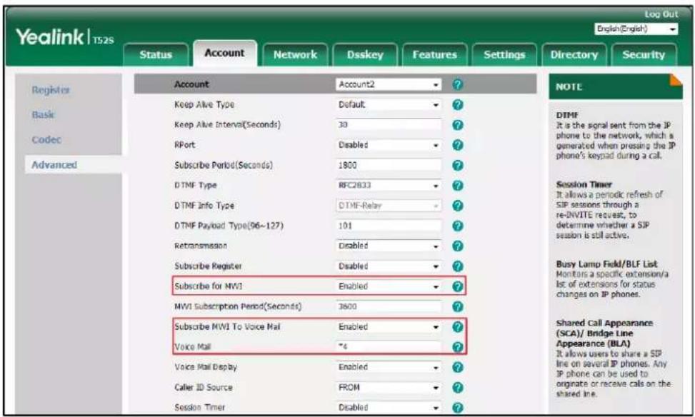 Yealink T52S Log Out English(English) Status Account Network Dsskey Features Settings Directory Security Register Basic Codec Advanced Account Account2 ? Keep Alive Type Default ? Keep Alive Interval(Seconds) 30 ? RPort Disabled ? Subscribe Period(Seconds) 1800 ? DTMF Type RFC2833 ? DTMF Info Type D…