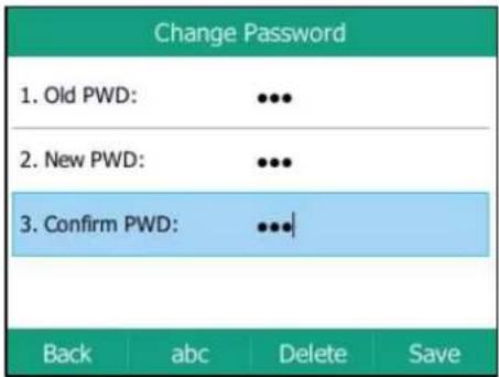 Change Password 1. Old PWD: •••• 2. New PWD: •••• 3. Confirm PWD: •••• Back abc Delete Save
